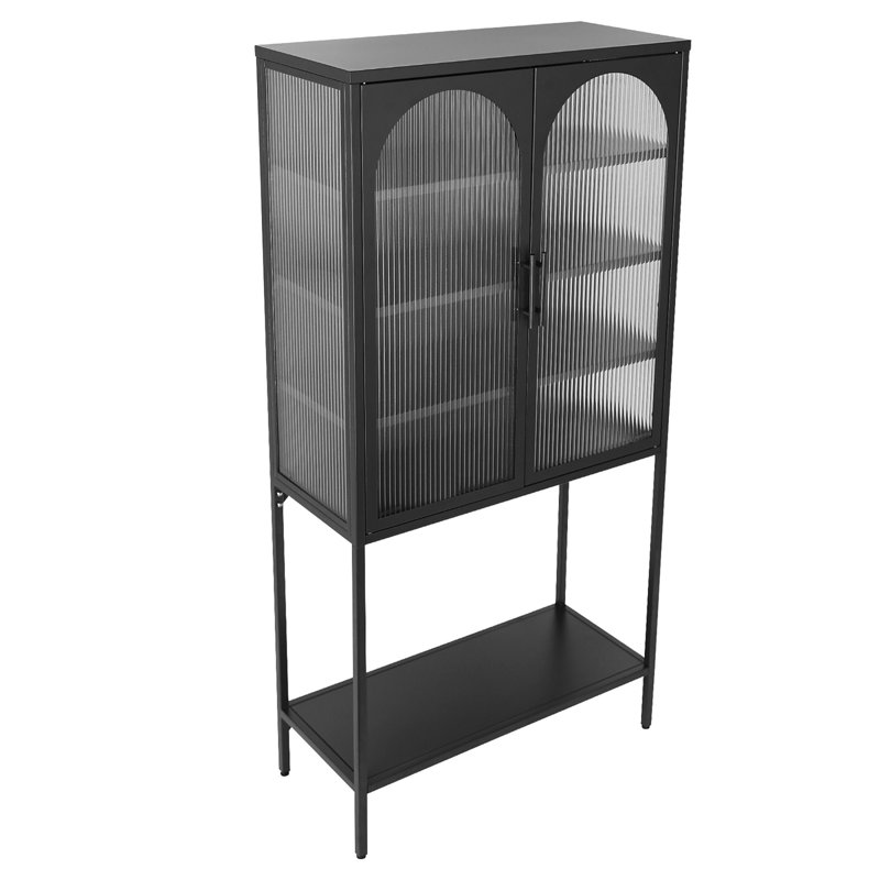 Grande armoire de rangement en verre trempé Kinnett avec 2 portes arquées et tablettes réglables, Noir