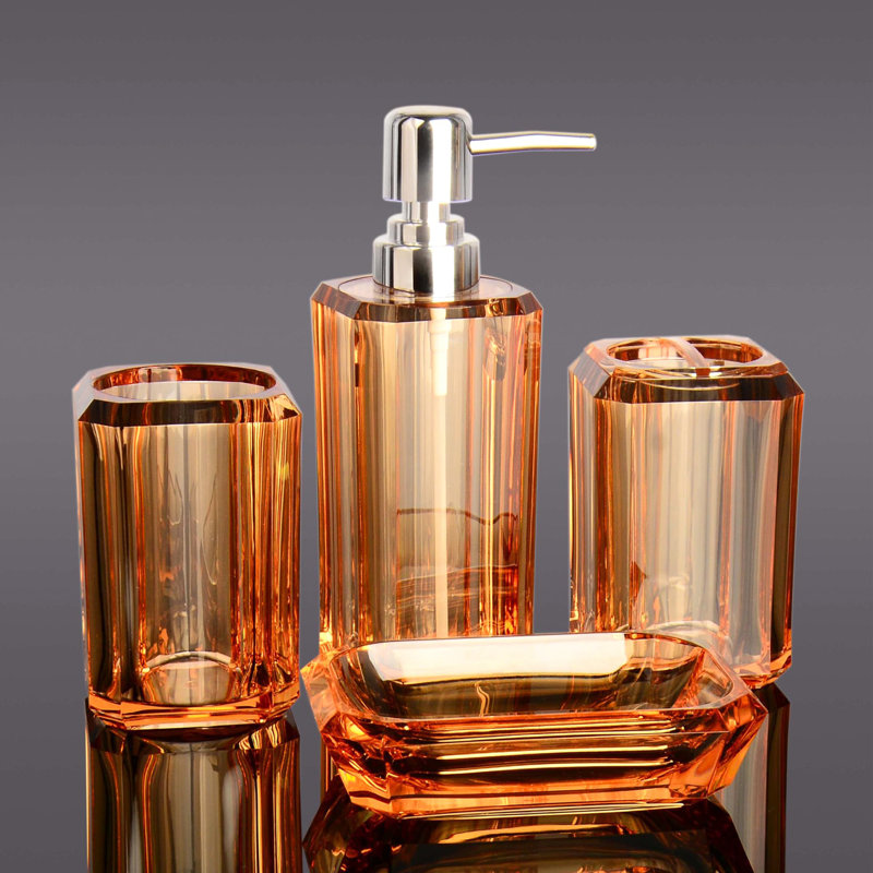 Ensemble complet d'accessoires de salle de bain en acrylique 4 pièces avec distributeur de savon, gobelet, porte-savon, porte-brosse à dents, ensembles de décoration de salle de bain orange
