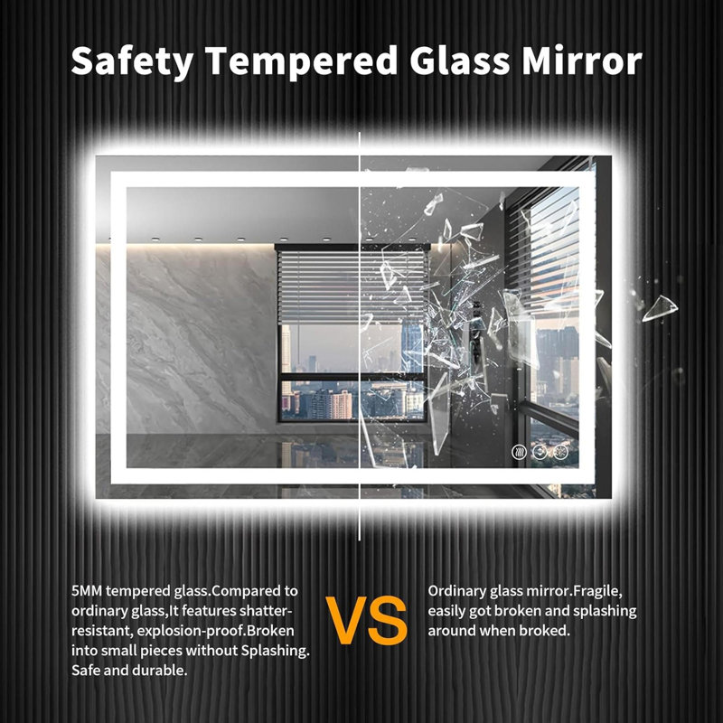 Miroir de salle de bain sans cadre à DEL, miroir intelligent, Horizontale, 48 po x 36 po
