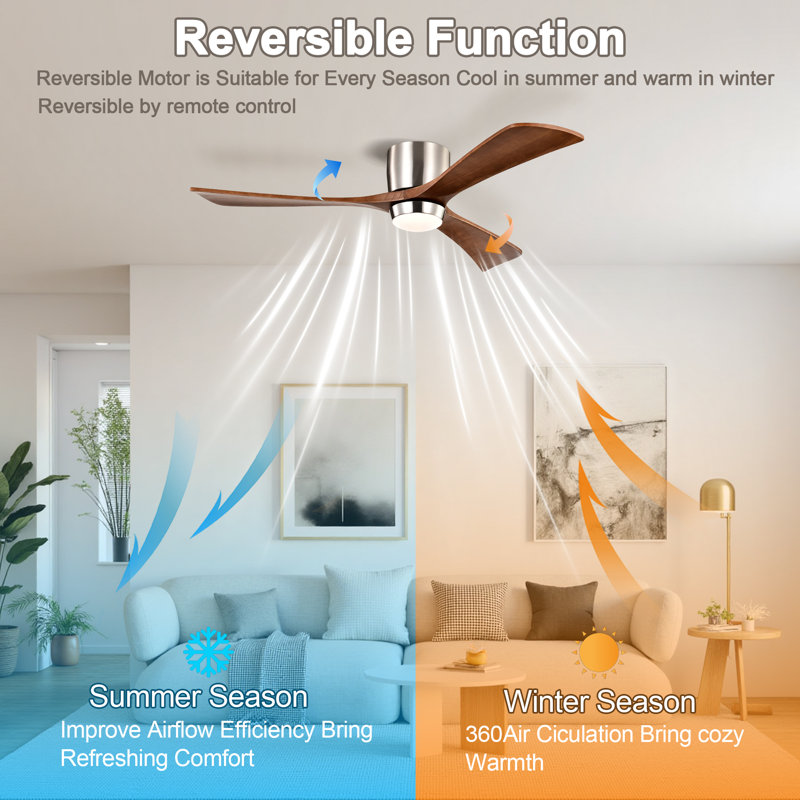52 inch Flush Mount Low Profile Ceiling Fan with LED Lights and Remote Control, DC Motor, 3 Blades, Walnut, Nickel