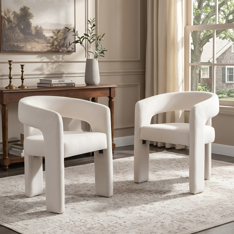 Modern Upholstered Barrel Dining Chairs, Ivory Velvet