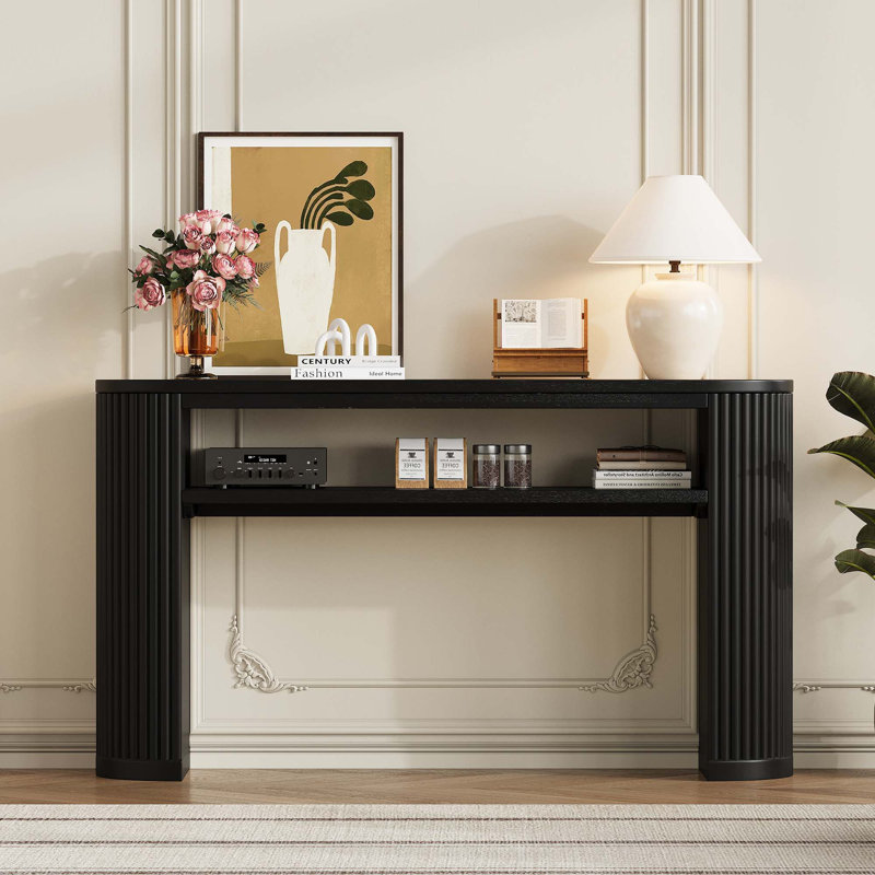 Console rustique à pieds cannelés, table d'appoint ovale vintage pour entrée avec plateau en placage de frêne et finition glacée, tablette ouverte