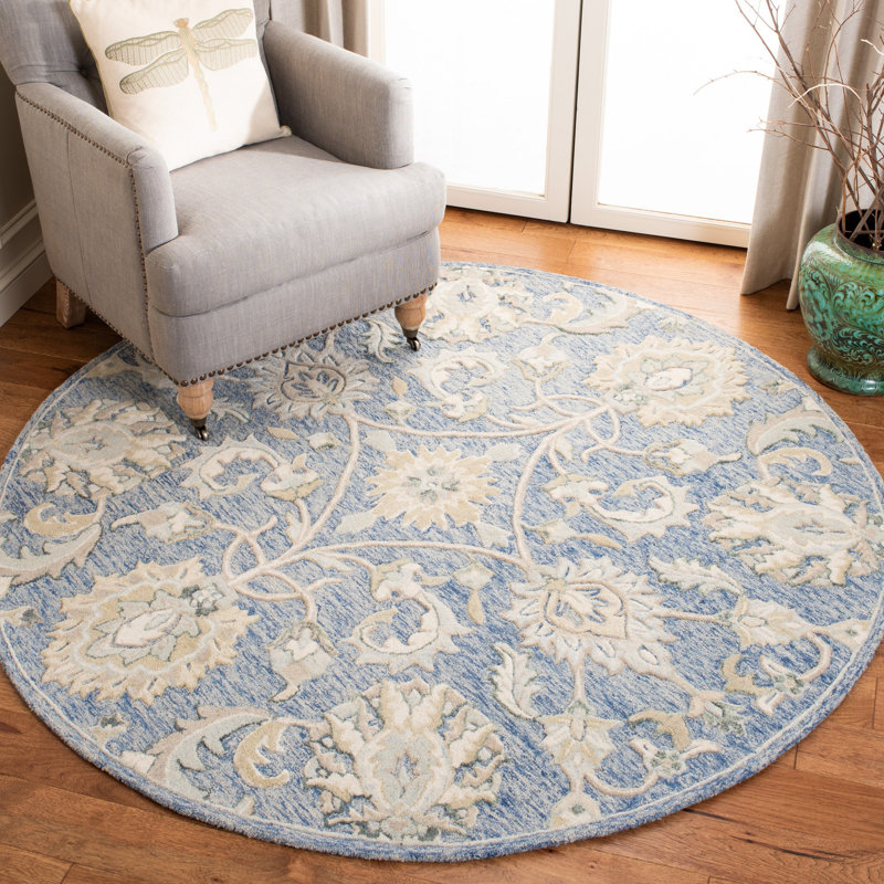 Tapis ivoire / bleu en laine touffeté à la main Esponga, Rond 6 pi