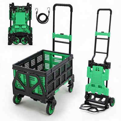 2-in-1 Folding Utility Cart with Removable Basket, Green Steel Frame Garden Wagon for Outdoor Yard Work, Heavy-Duty Rolling Crate for Gardening