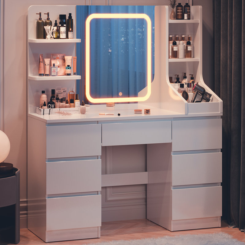 Rosse Dressing Table With 3 Colorful Light Mirror 7 Drawers and 7 Storage Shelves Makeup Desk 110cm Desktop Vanity Table