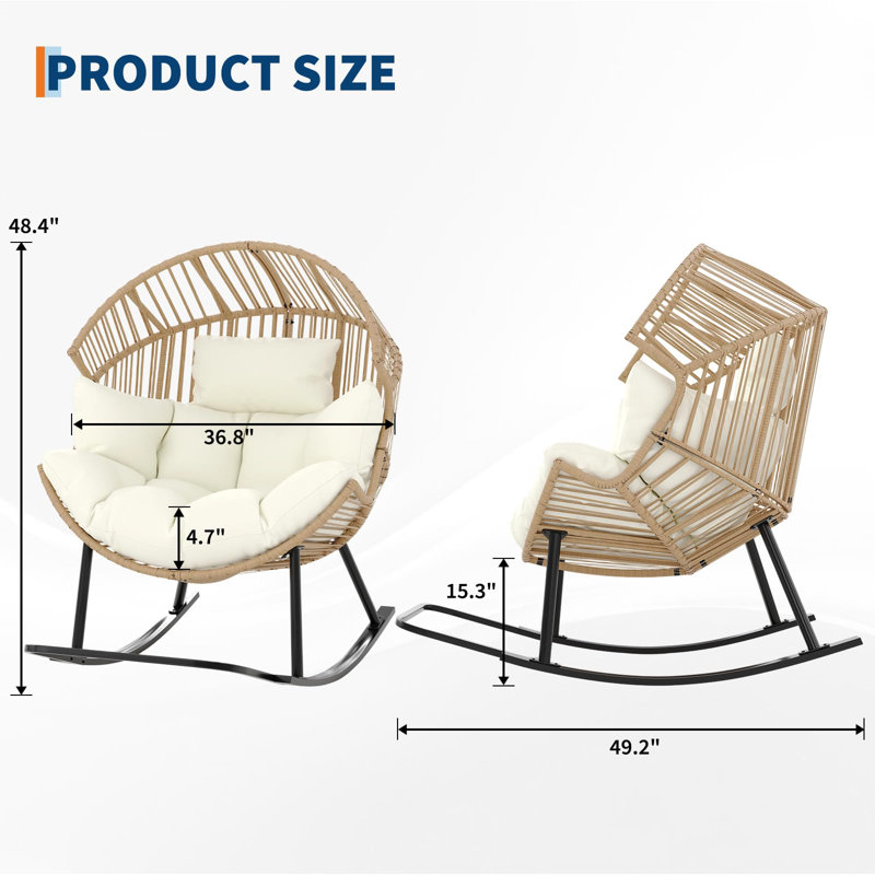 Fauteuil à bascule surdimensionné en forme d'œuf, chaise longue en rotin synthétique noir avec coussin épais et oreiller crème pour se détendre à l'intérieur ou à l'extérieur
