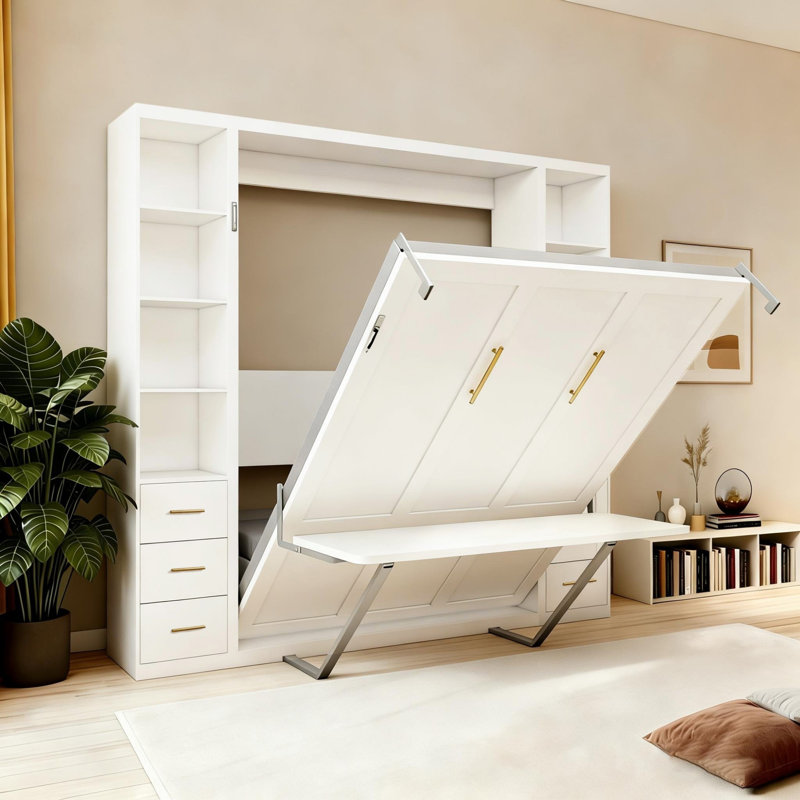 Lit escamotable bureau avec armoires de rangement latérales, grand lit mural pliable pour salle d'étude, chambre à coucher