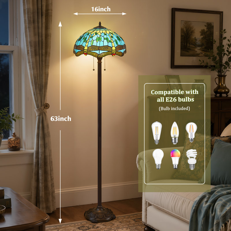 63" Stained Glass Tiffany-Style Modern Art Floor Lamp, 2-Light E26 Bulbs Included, Pull Chain Switch for Living Room, Bedroom, Office, Relaxation Space
