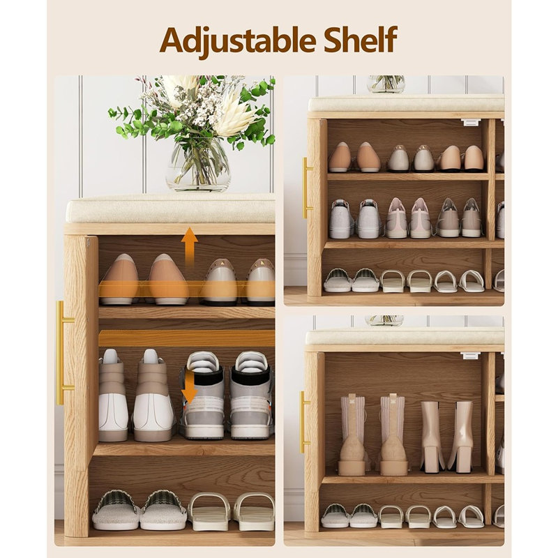 Banc de rangement à chaussures cannelé avec coussin, tablette ajustable, armoire dissimulée et tablette inférieure ouverte