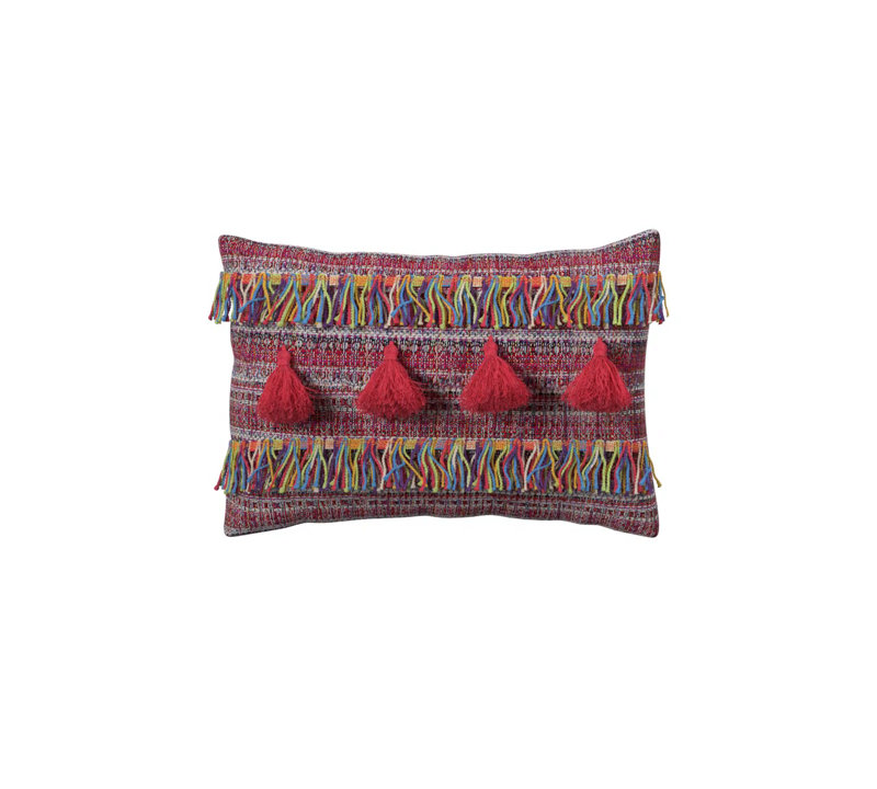 Colorful Bohemian Rectangular Pillow with Fringe and Tassels