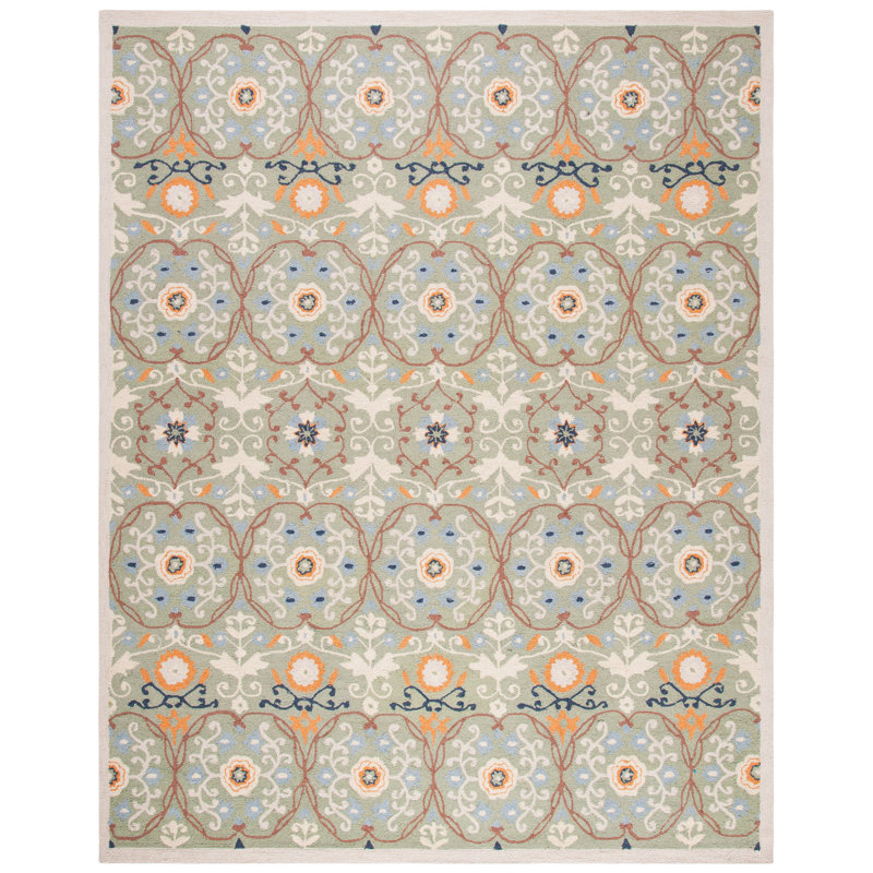 Helena Floral Handmade Hooked Wool Green Area Rug, Rectangle 8' x 10'