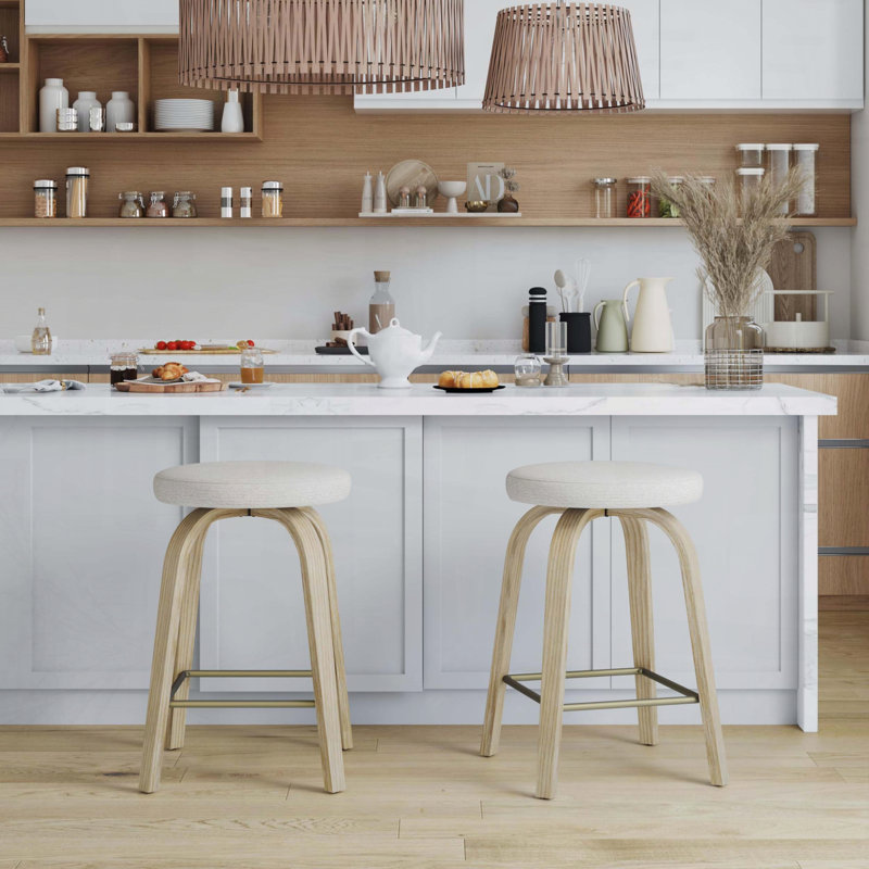 Tabouret de bar pivotant avec dossier sans dossier et siège en tissu, hauteur de 26 po, ensemble de 2, Beige