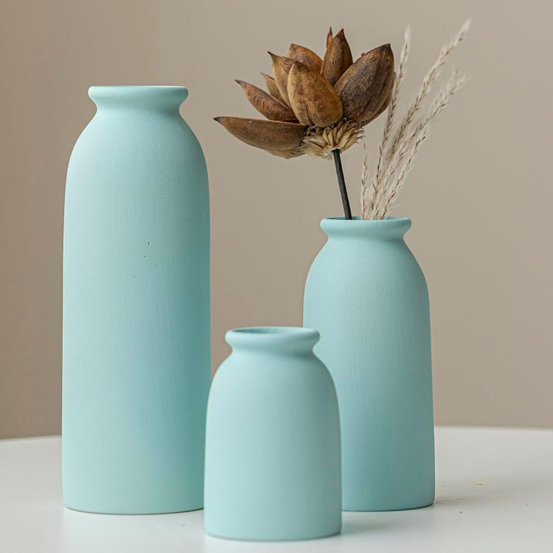 Ceramic Vase Set Of 3, Small Decorative Vases For Pampas Grass & Dried Flowers, Modern Boho Farmhouse Style, Distressed Matte Finish, Blue (4", 6", 8")