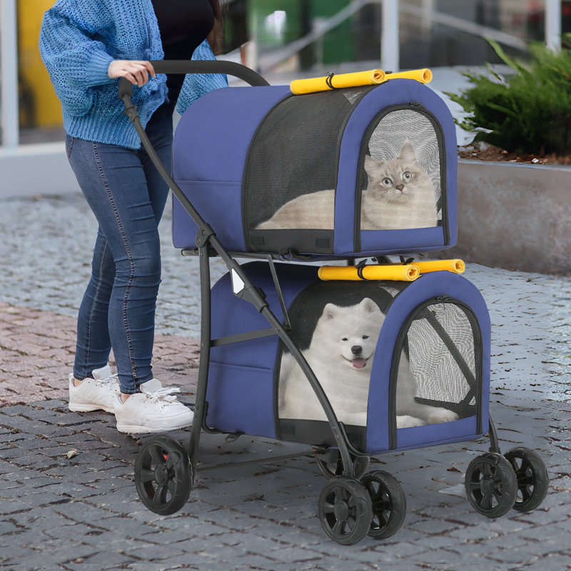 Navy Blue Double Pet Stroller with Detachable Carriers