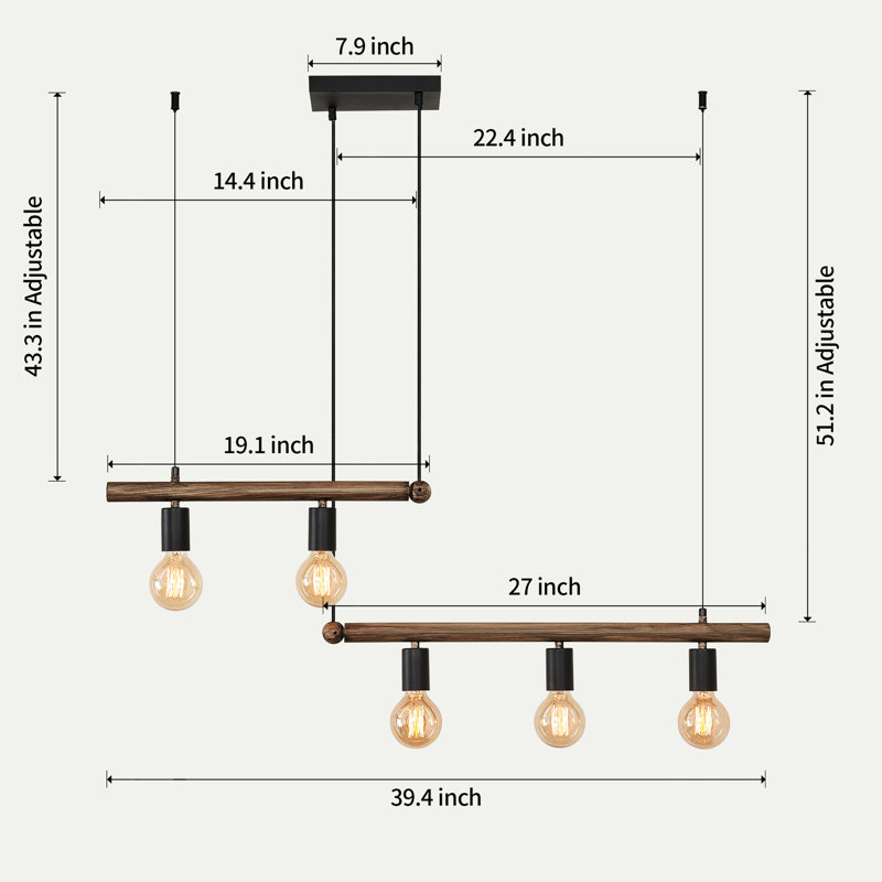 5- Luminaire suspendu de salon - métal brun, réglable, réglable en fer pour une zone à intensité variable, longueur réglable