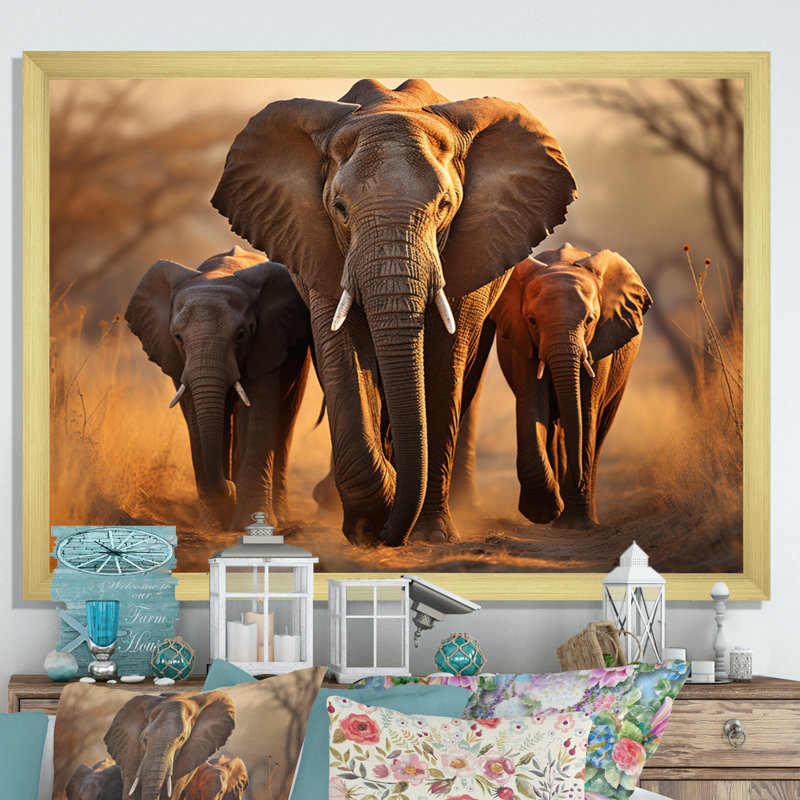 Éléphants d'Afrique, «Family Bond», H 16 po x l 32 po x P 1 po, Cadre doré simple