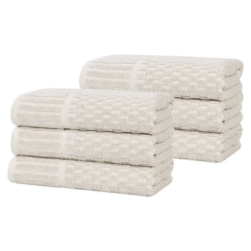 Beige Cotton Blend Textured Checkered Hand Towels, 30" x 16"