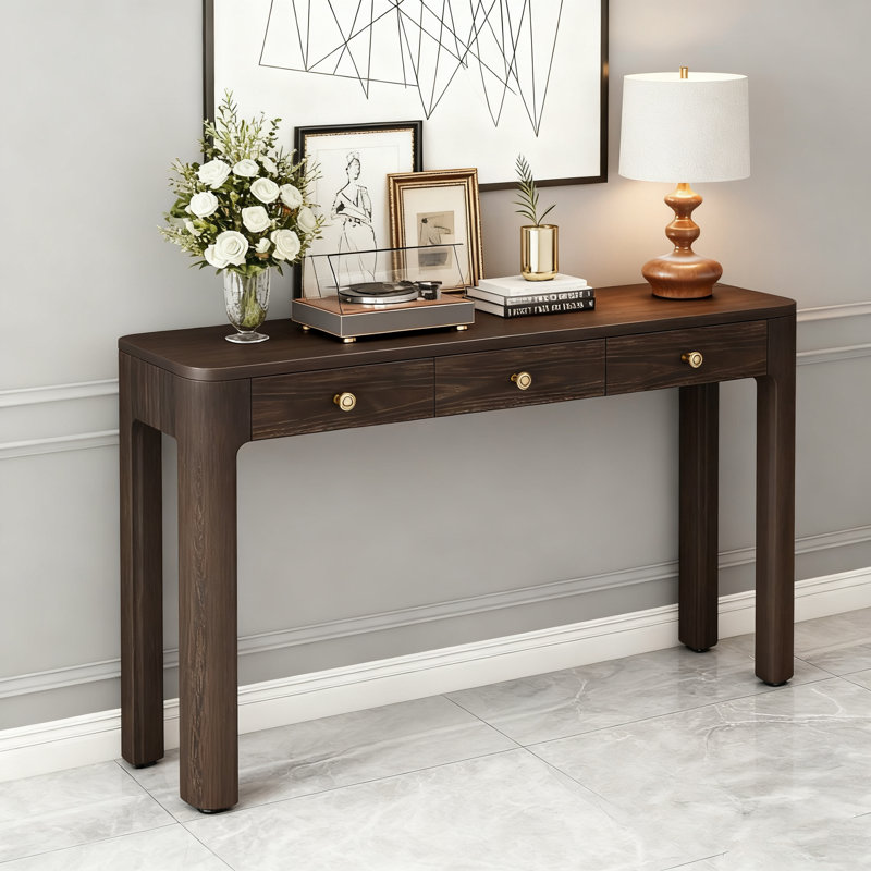 Console rustique avec coins arrondis pour la sécurité, table d'entrée avec 3 tiroirs dissimulés, Espresso