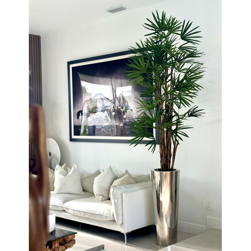 Lady Faux Palm Tree in Metal Planter, Silver, 104" H x 33" W x 33" D