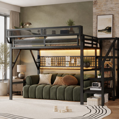 Full Size Loft Bed with Charging Station, Metal Full Loft Bed with Light and Storage, High Loft Bed with Wardrobe and Storage for Kids Teens Adults