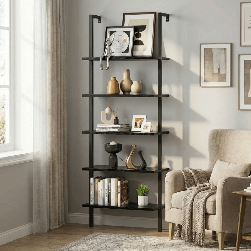 5-Tier Bookshelf Wall Mount Ladder Bookcase Industrial Standing Corner Bookshelf With Wood Board And Metal Frame, Modern Tall Narrow Storage Organizer For Home Office(Set Of 2)