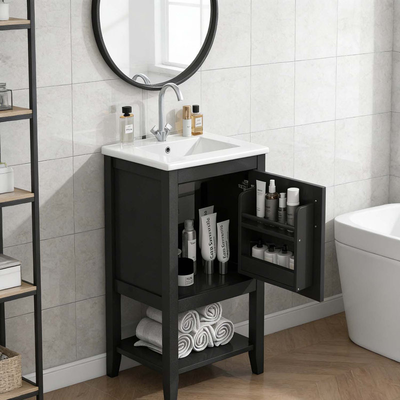 Meuble-lavabo de salle de bain avec lavabo, porte à fermeture douce, support de rangement et tablette ouverte pour les salles de bain modernes