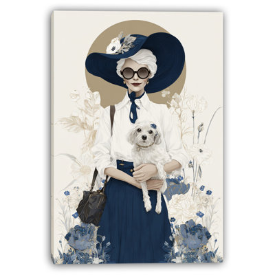 Navy Hat Lady with Dog Wrapped Canvas Wall Art