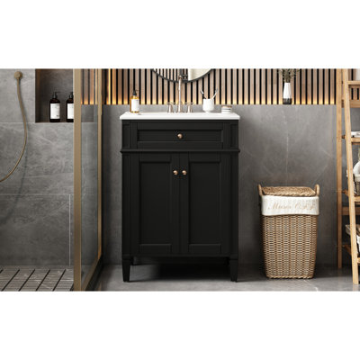 24" Bathroom Vanity With Sink, 2 Doors, And Tip - Out Drawer Construction, Quiet Cabinet Access, Ceramic Basin Compact Option, Hinge System, Glossy Finish