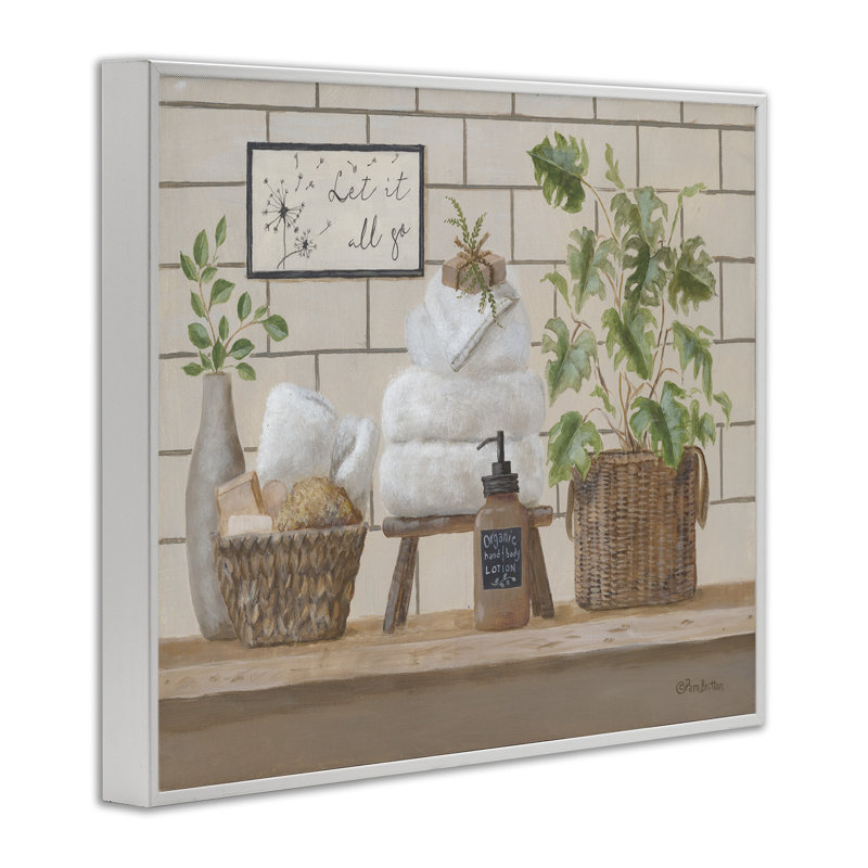 «Comforting Bathroom Spa Still Life», estampe numérique encadrée par Pam Britton, H 16 po x l 20 po x P 1,5 po, Blanc