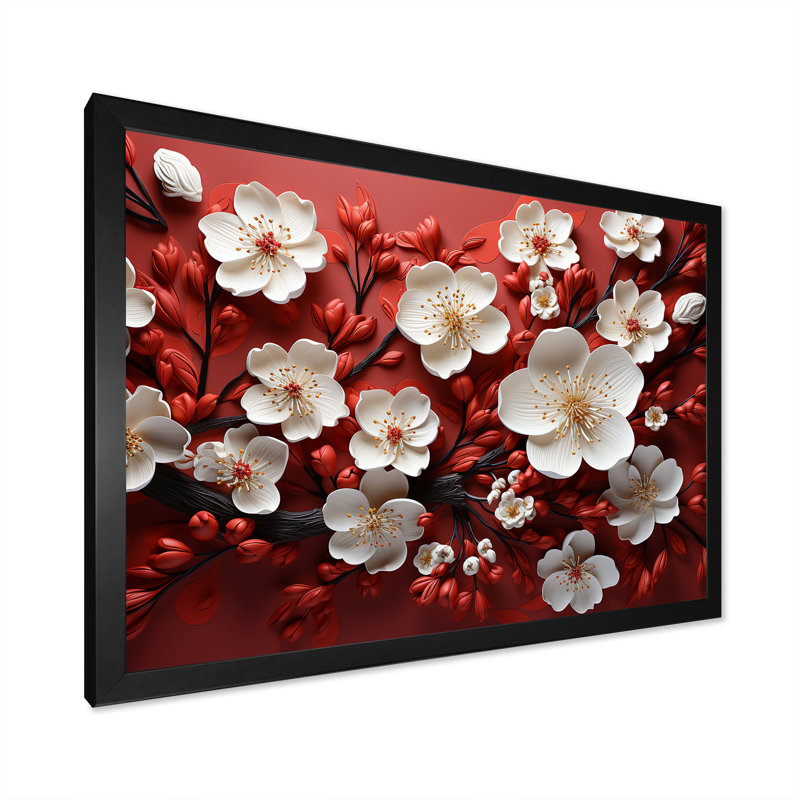 Branches de fleurs d'orchidées blanches et rouges I - Art abstrait floral encadré, Cadre d'angle fermé noir