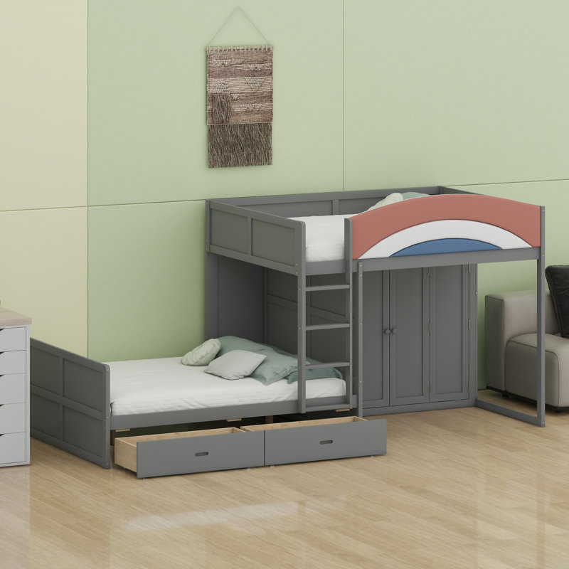 Lit mezzanine multifonctionnel avec placard intégré et tringle, Gris