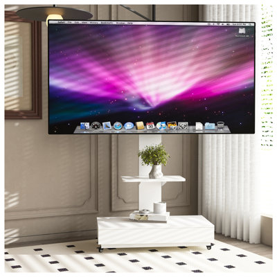 White Mobile TV Stand with Wheels & Adjustable Height, Rolling TV Cart for 32-75 Inch Flat Screens, Modern Entertainment Centre with Push-Pull Drawer