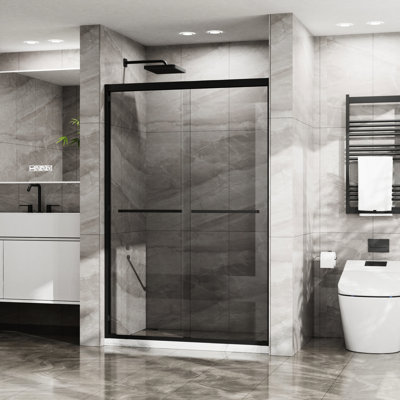Cabine de douche double coulissante - l 48 po x H 72 po, verre trempé, cadre noir mat, anneaux en acier inoxydable de 48 po Porte coulissante 72 H, noir transparent, modèles