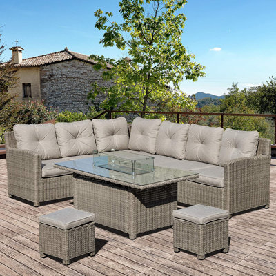 Hulme Rattan Garden Furniture with Fire Pit and Waterproof Cover Grey