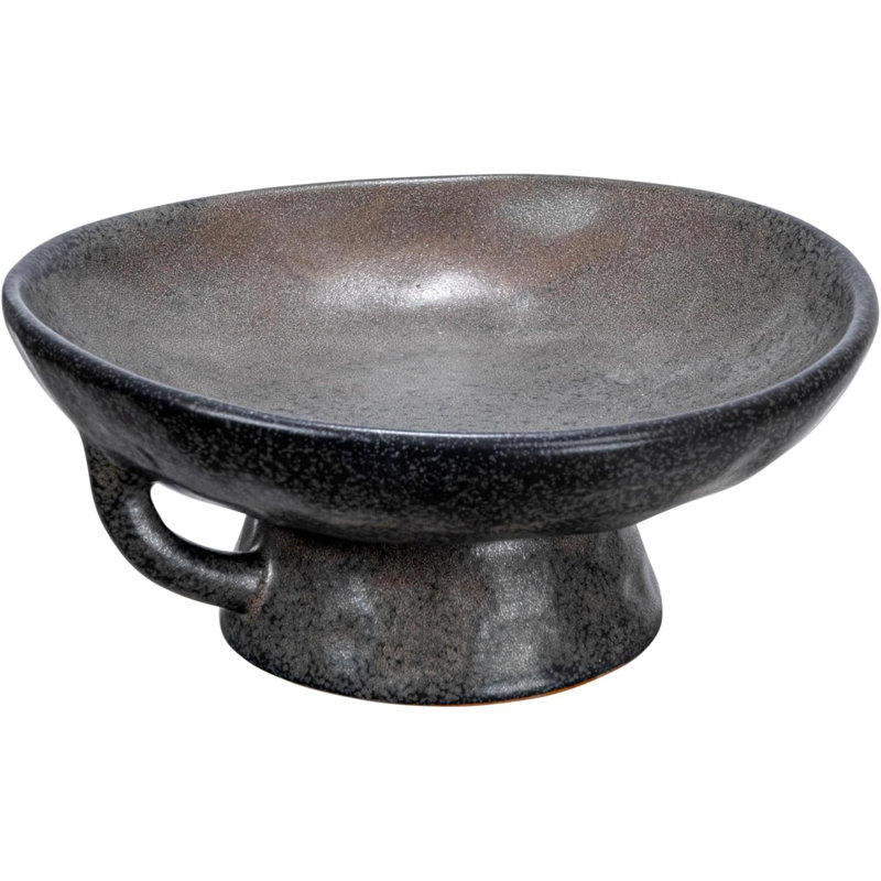 Stoneware Bowl With Handle And Base,  Reactive Glaze