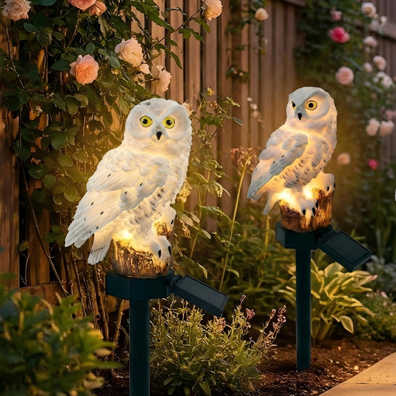 2 lumières de jardin hibou solaire - paire de statues blanches sur piquets