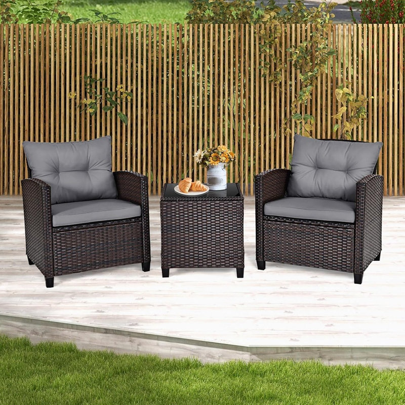 3-Piece Patio Furniture Set - Wicker Bistro Conversat...