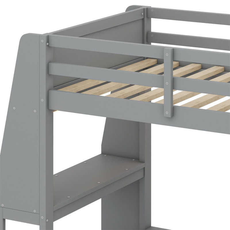 Lit mezzanine en bois avec bureau, étagères à rangement multiples, DEL et portemanteau suspendu