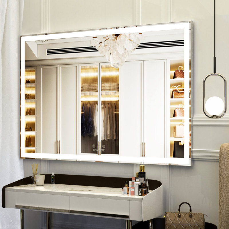 Très grand miroir de meuble-lavabo mural de 48 po x 32 po à DEL avec cadre blanc / chaud / naturel réglable