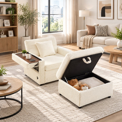 Chaise longue en chenille avec pouf de rangement, tablette d'accoudoir convertible, port USB et porte-gobelet, blanche