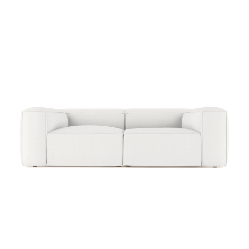 Varick Leather Sofa, Dark Brown, Box Weave Linen Pumice