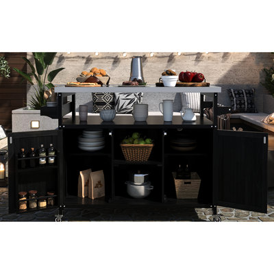 Îlot de cuisine de luxe pour l'extérieur avec support à épices et armoire de rangement noire réglable - roues verrouillables