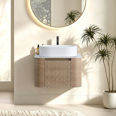 Erba 24 inch Bathroom Vanity with Sink, Honey Oak Wall Cabinet with Free Towel Rack, Single White Oval Striped Ceramic Basin Design, without Drain and Faucet, Pre-assembled, Bathroom Vanities, Bathroom Vanities