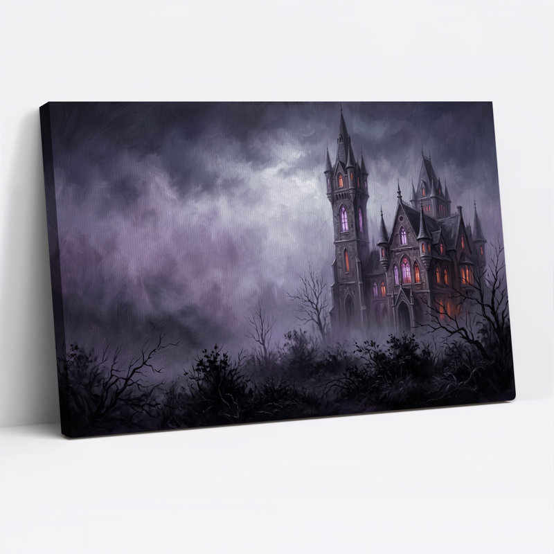 Château gothique aux fenêtres illuminées dans une toile murale d'Halloween sombre et orageuse, H 12 po x l 18 po