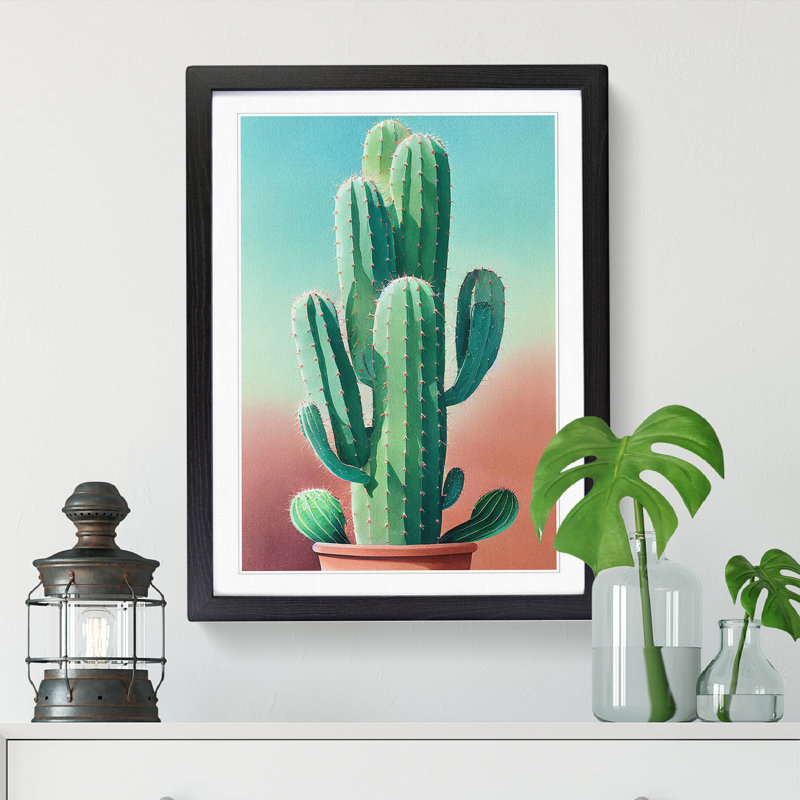 Watercolour Cacti Cactus - Picture Frame Print, Black, 64cm H x 46cm W x 2cm D