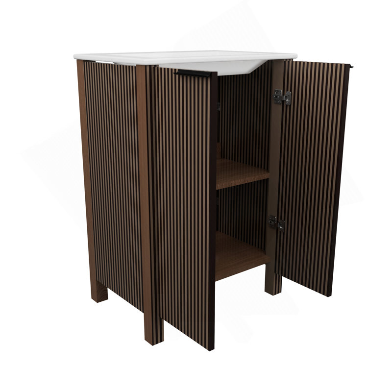A 24-Inch Brown Floor-Standing Bathroom Cabinet, Paired With A White Ceramic Basin, Is Foldable And Easy To Transport., 24"