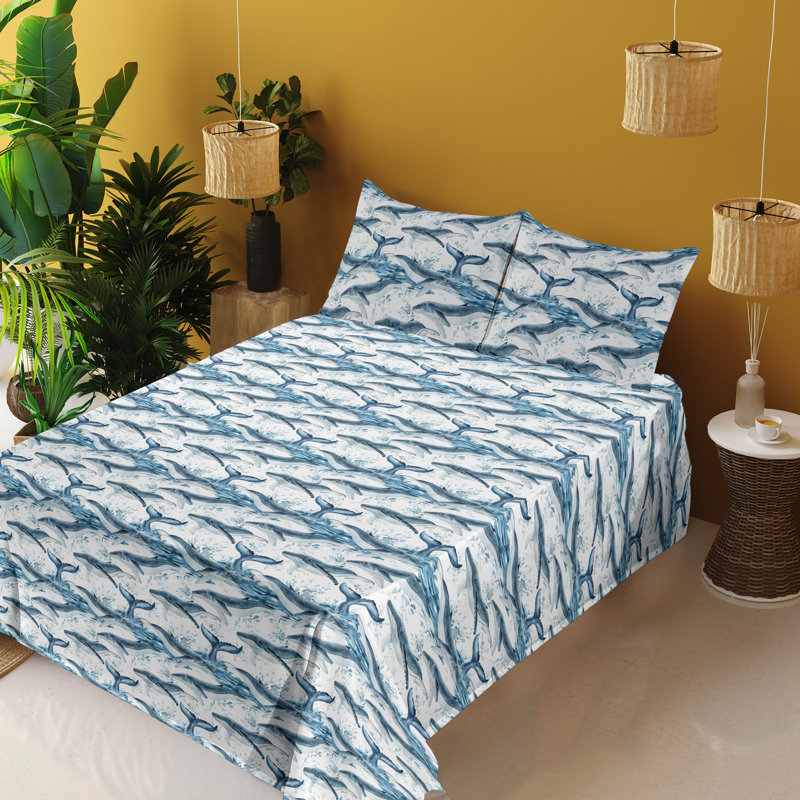 Ambesonne Nautical Sheet Set Whale Pattern Ocean Waves Sea Blue Soft Blue White, California King Sheet Set with 2 Pillowcases