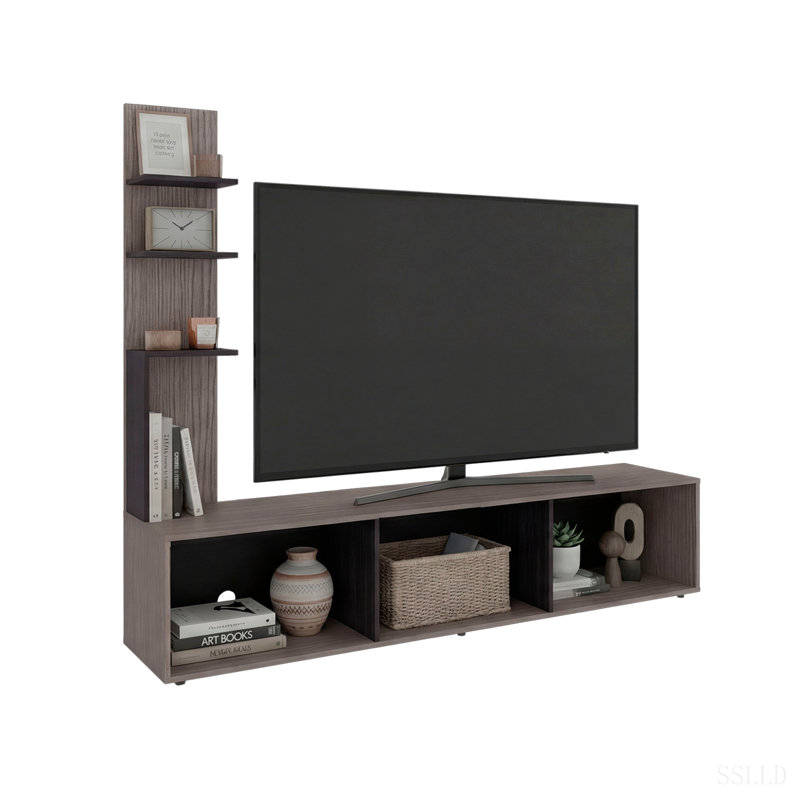 Meuble audio-vidéo pour téléviseur 65 pouces - Meuble télé avec grande tour latérale et 3 colonnes de présentation ouvertes - Console multimédia de salon moderne | Chêne naturel / wengé noir