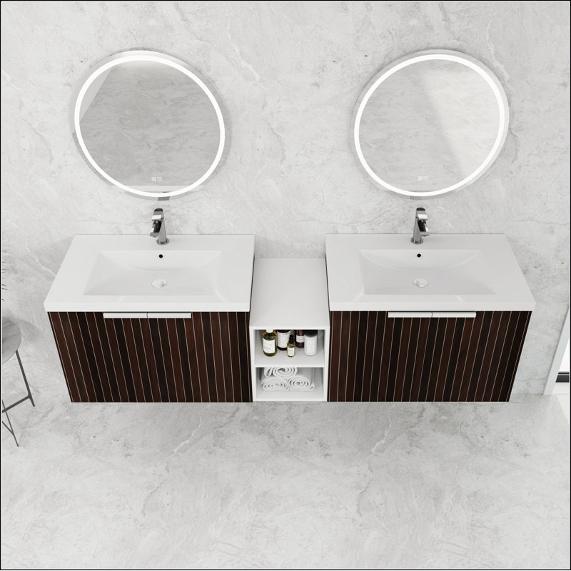 Meuble-lavabo 72 po à fermeture en douceur avec lavabo, petites tablettes de rangement, armoire combinée 30 po et 12 po (emballage KD)