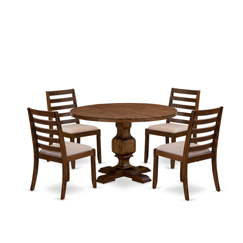 5-piece Dining Table Set included a Round Kitchen Table and 4 Light Tan Polyester Fabric stackable Dining Chair, Antique Walnut Finish